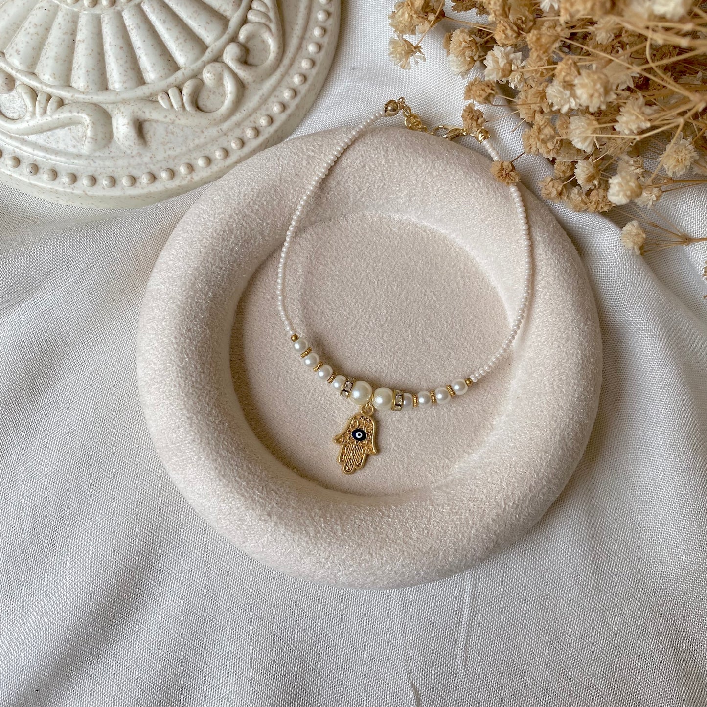 Hamsa Pearl Charm Bracelet/Anklet | Pearl & Chain Anklet