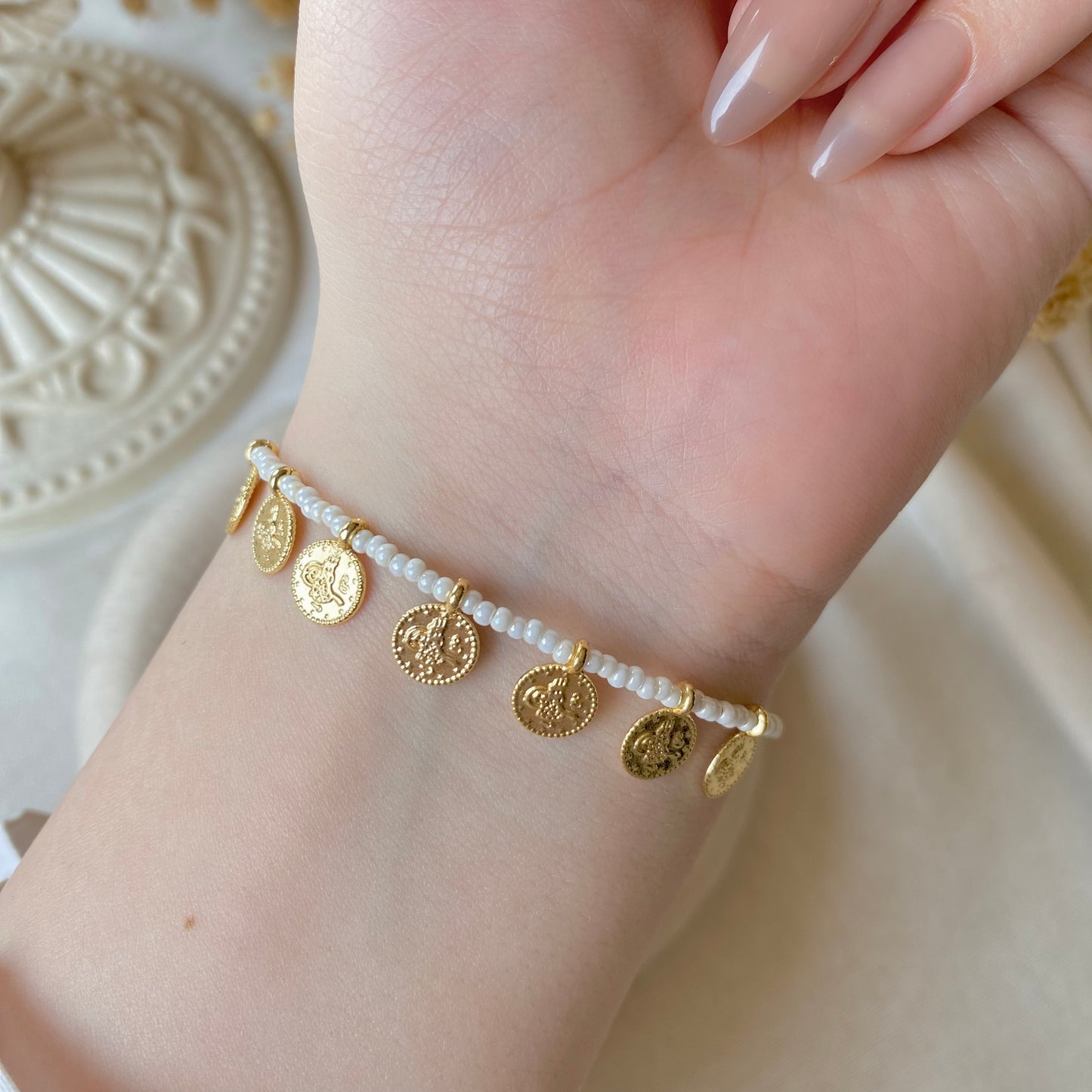 Coin Charm Beads | Pearl & Chain Bracelet