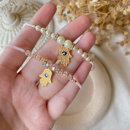 Hamsa Pearl Charm Bracelet/Anklet | Pearl & Chain Anklet