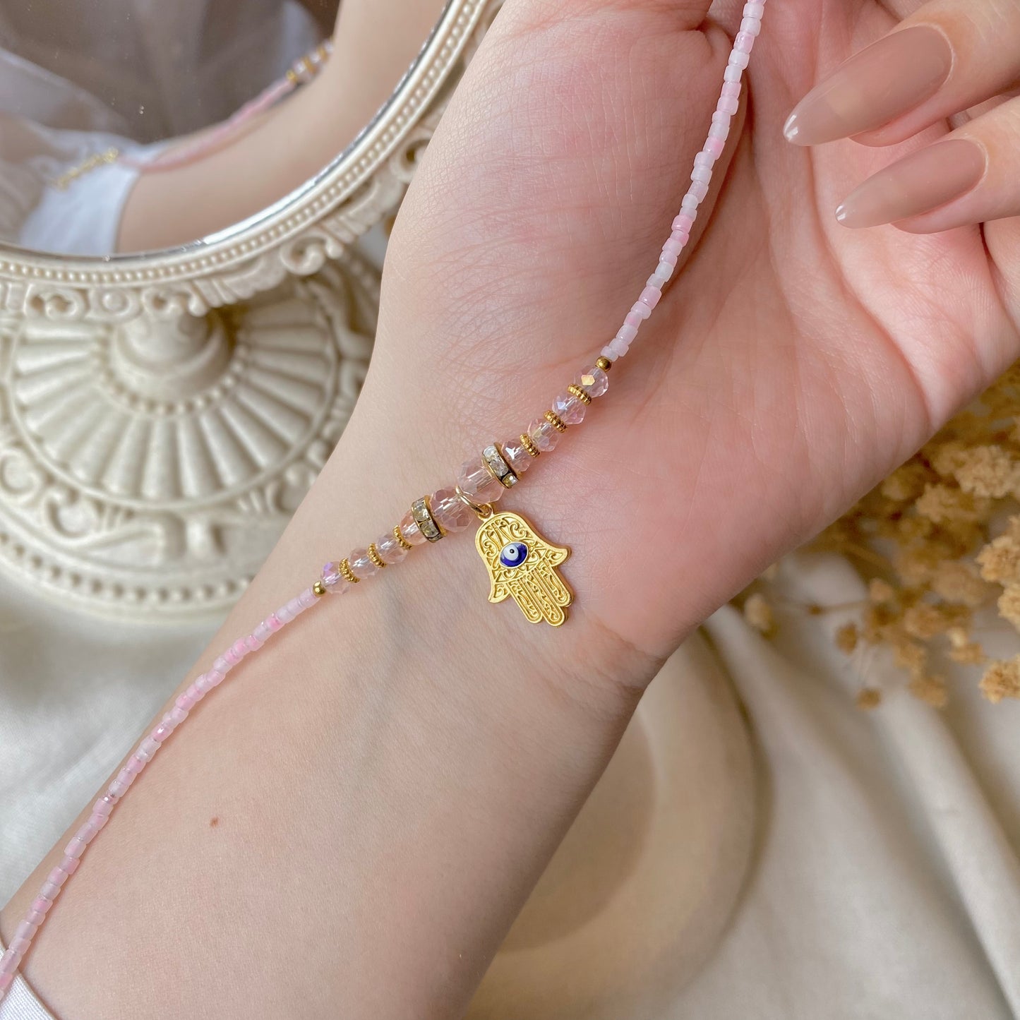 Hamsa Pearl Charm Bracelet/Anklet | Pearl & Chain Anklet