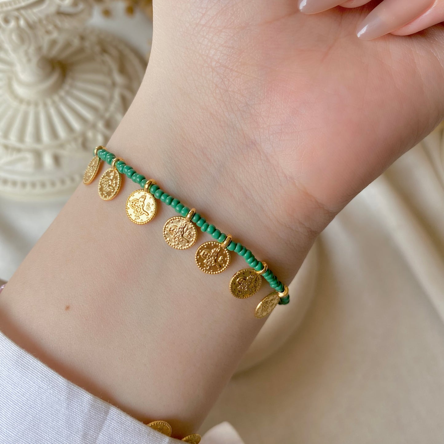 Coin Charm Beads | Pearl & Chain Bracelet