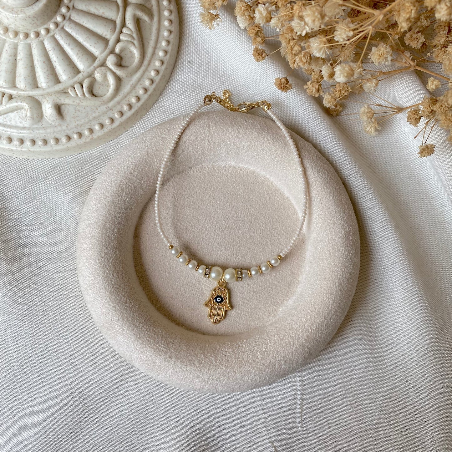 Hamsa Pearl Charm Bracelet/Anklet | Pearl & Chain Anklet