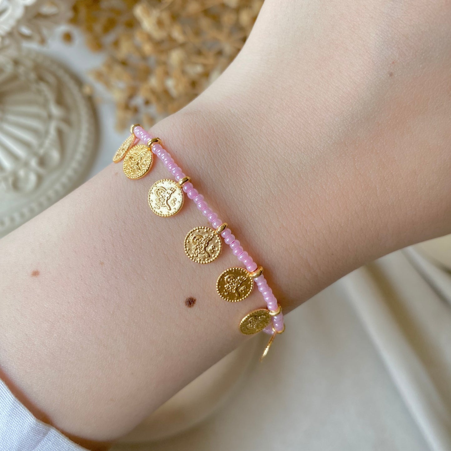 Coin Charm Beads | Pearl & Chain Bracelet