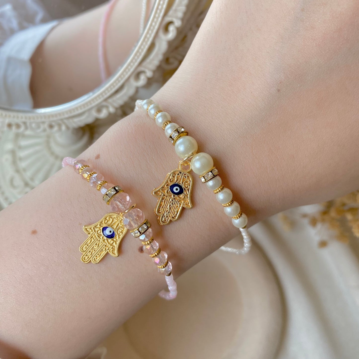 Hamsa Pearl Charm Bracelet/Anklet | Pearl & Chain Anklet
