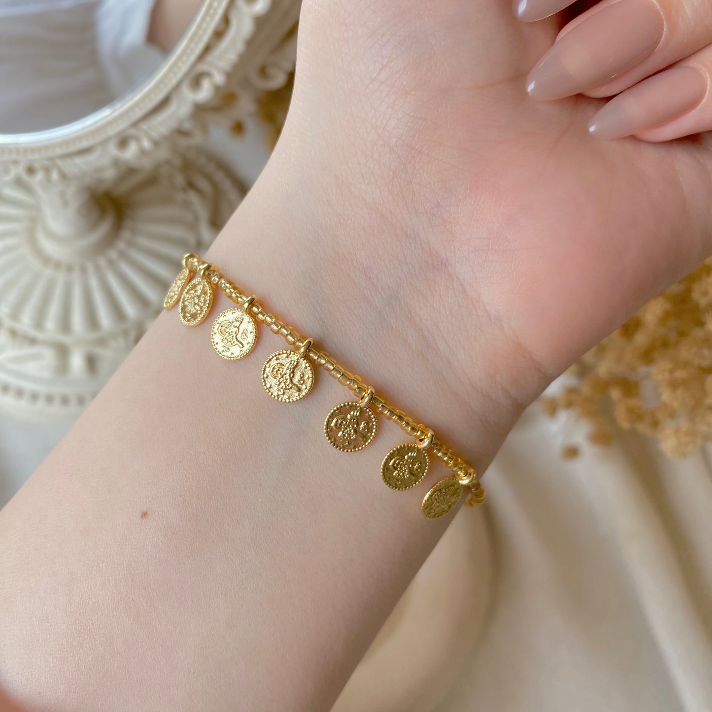 Coin Charm Beads | Pearl & Chain Bracelet