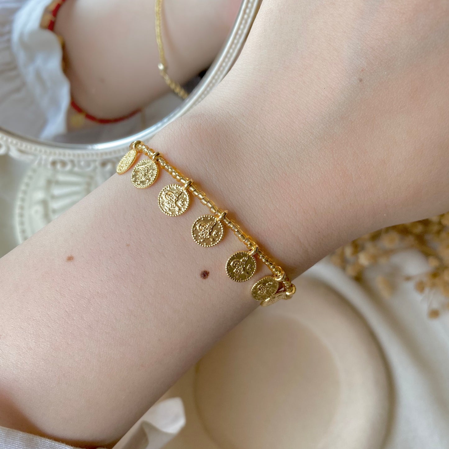 Coin Charm Beads | Pearl & Chain Bracelet