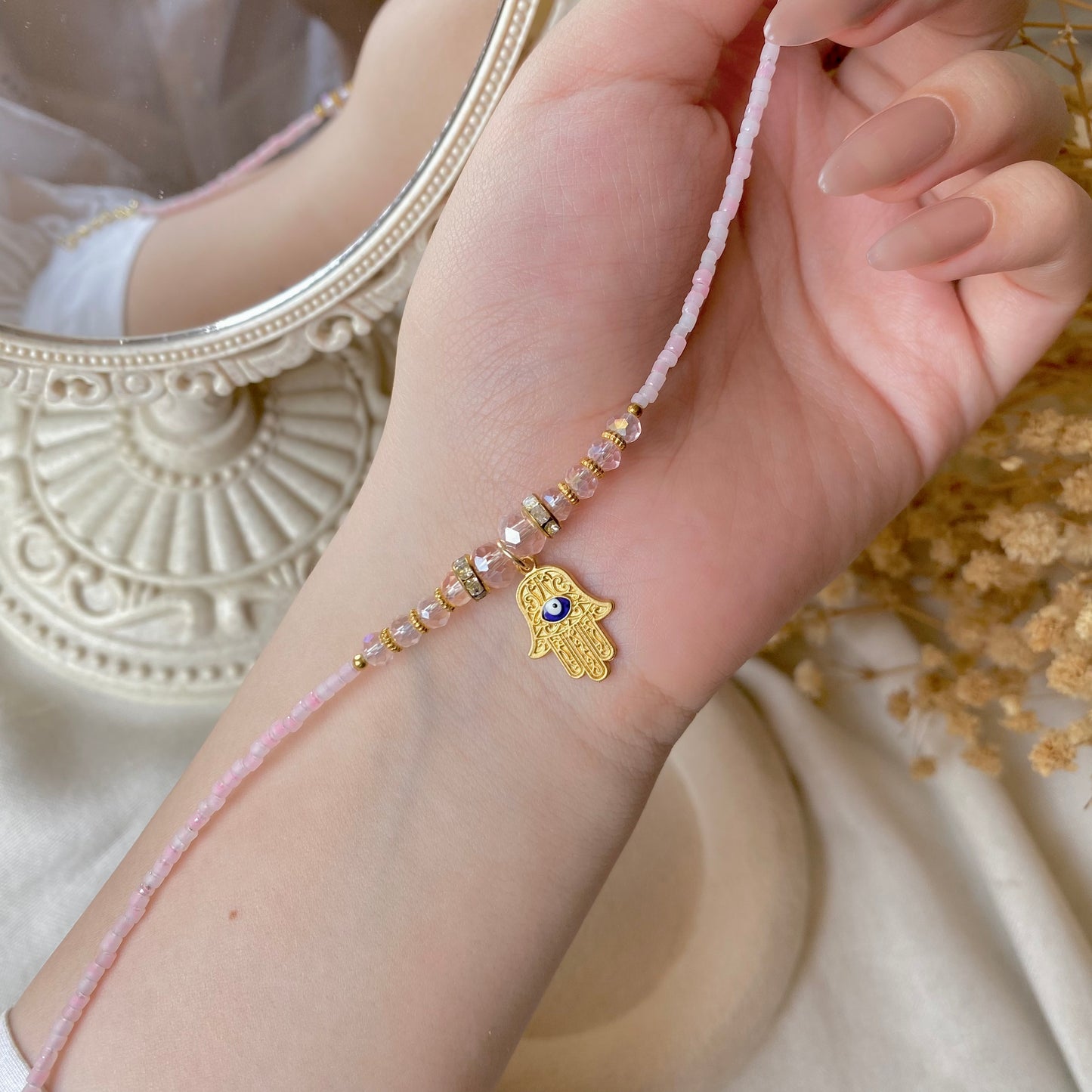 Hamsa Pearl Charm Bracelet/Anklet | Pearl & Chain Anklet
