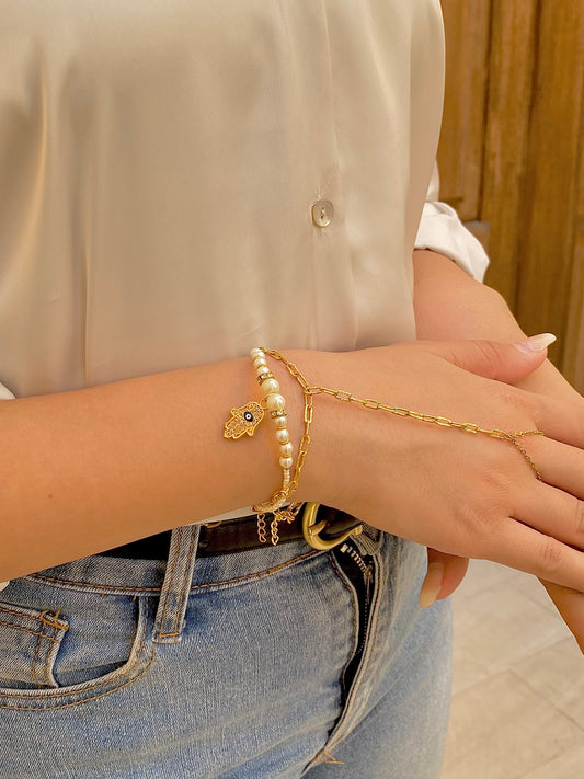 Harmony Touch | Pearl & Chain Hand Bracelet