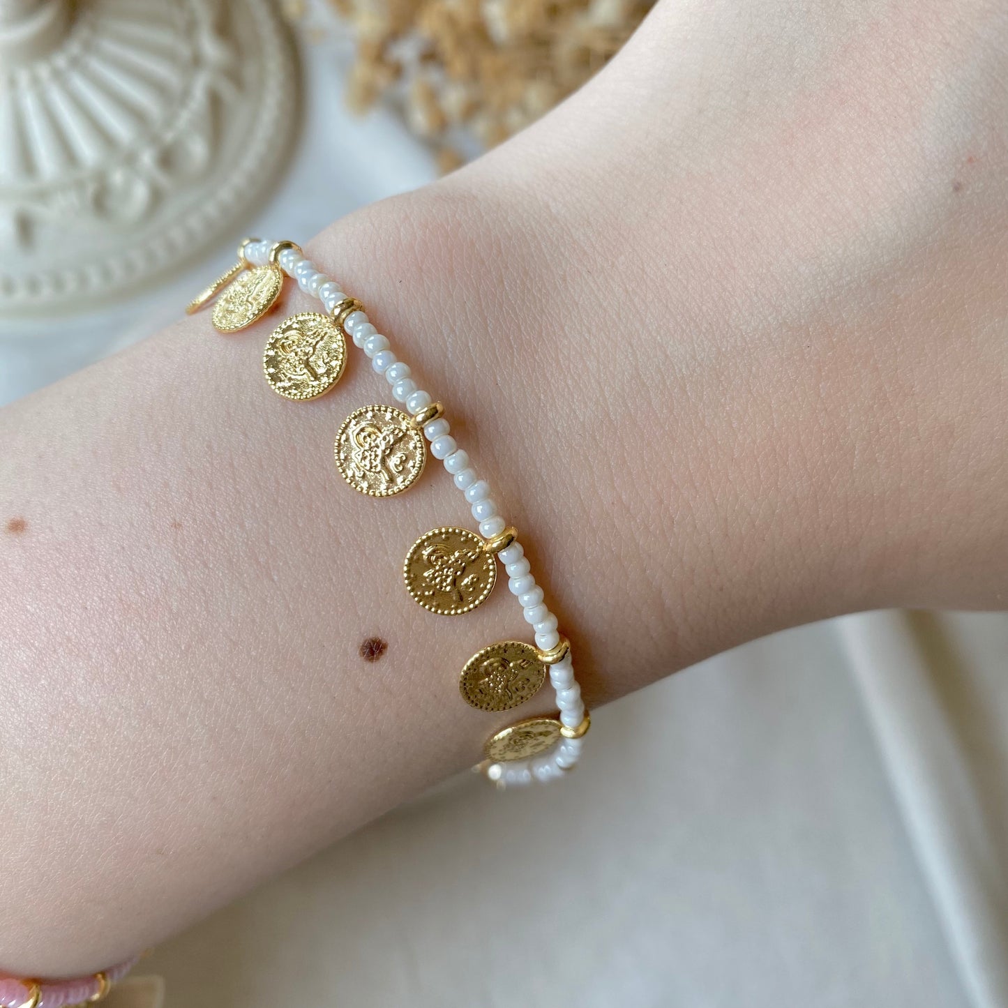 Coin Charm Beads | Pearl & Chain Bracelet
