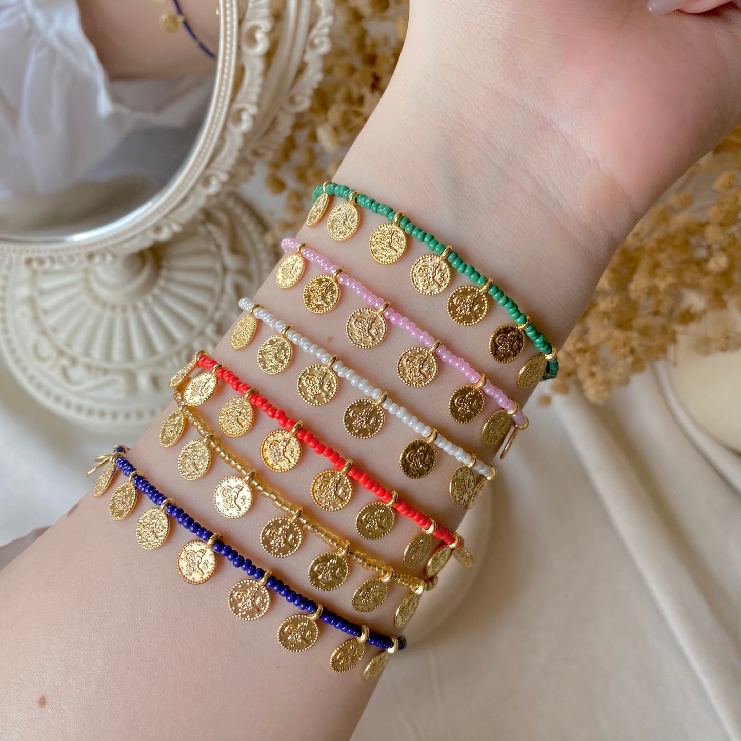 Coin Charm Beads | Pearl & Chain Bracelet